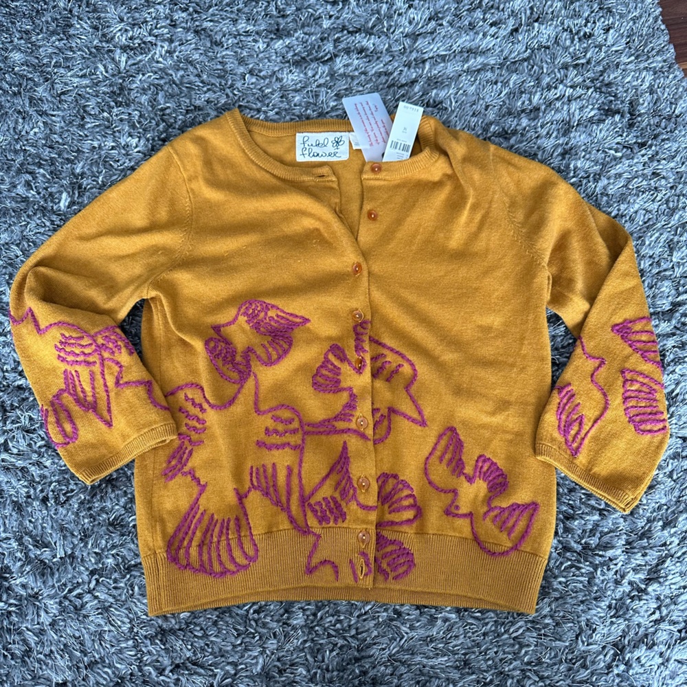 Anthropologie Mustard Yellow Cardigan with Pink Bird Motif